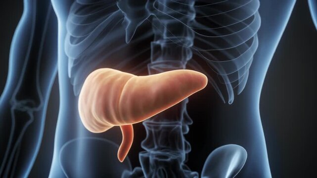 3D Medical Illustration of Highlighted Human Pancreas in Transparent Anatomical Skeleton