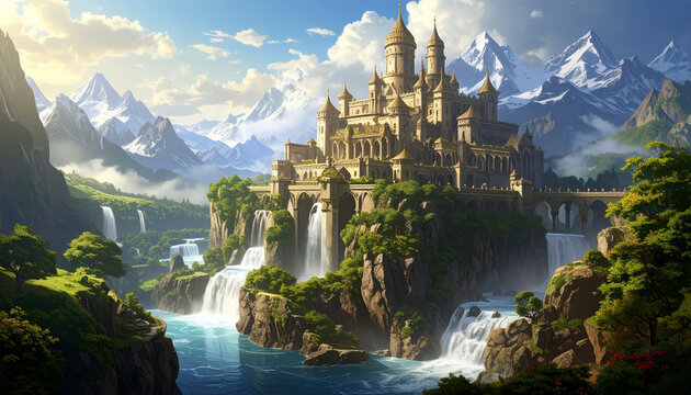 Scenic panorama of a waterfall and lake nestled in the snowy Alps mountains with a green forest valley under a cloudy summer sky