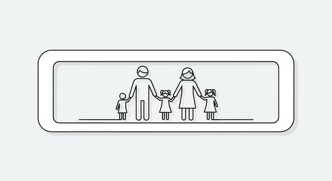 Minimalist graphic rendering of a loving family unit depicting parents and three children holding