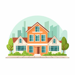 Fototapeta premium Charming Orange House with Lush Greenery and City Skyline Backdrop