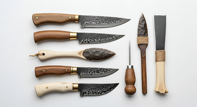 Assortment of handcrafted knives and primitive tools with dark blades and wooden handles displayed on a clean white background
