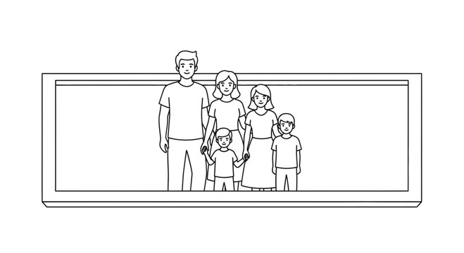 Minimalist black and white line art depicting a cheerful family portrait with parents and three