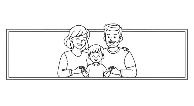 Heartwarming line art illustration of a joyous family portrait featuring parents and their child