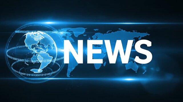 A glowing blue digital world map and wireframe globe with bold "news" text, symbolizing global information broadcasting.