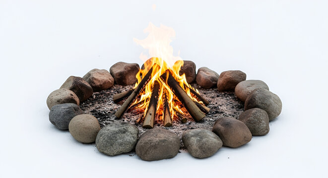 Campfire blazing with vibrant flames in a stone circle on snowy ground; outdoor fire pit with burning logs and warm glow in natural setting