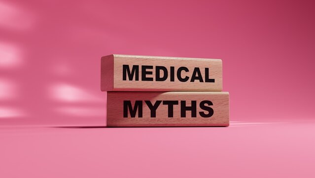 Medical myths. Flat lay composition with wooden squares and medical supplies.3D rendering