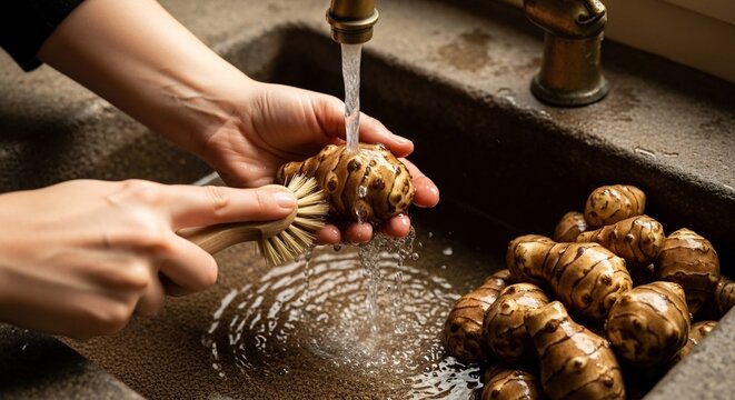 Washing Jerusalem Artichokes in a Kitchen Sink.