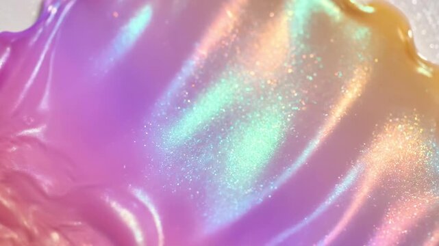 A swirling purple and pink iridescent liquid with a shiny, reflective surface