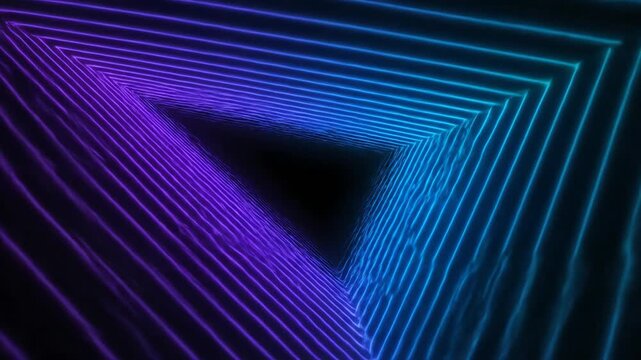 Vibrant blue and purple neon triangles glow dynamically, forming an abstract, symmetrical futuristic tunnel on a dark background.
