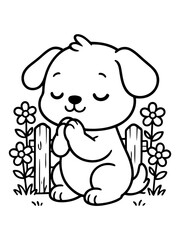 Fototapeta premium Praying Pup: A heartwarming illustration of a cute puppy with eyes closed in peaceful prayer. surrounded by daisies, the cartoon exudes an aura of serenity and innocence.