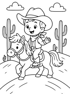 Young Cowboy on a Pony: A charming cartoon depiction of a young cowboy, astride his trusty pony, ventures into the wild west landscape, filled with a sense of adventure.