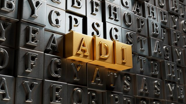 Lettering adi on Movable type printing.close up of Movable type printing,Business Concept.3D rendering.