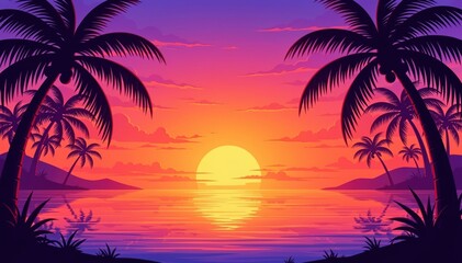 Fototapeta premium Sunset Serenity: A picturesque sunset over a tropical paradise, featuring silhouetted palm trees and the sun casting a warm glow over the calm water.
