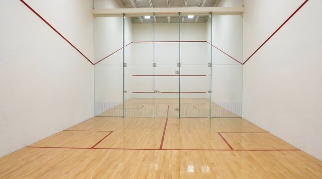 Luxurious Squash Court in Low Angle View with Glass Back Wall and Pristine Wooden Surface