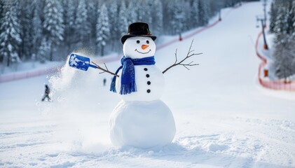 Obraz premium Winter Wonderland Spectacle: A jolly snowman, adorned with a top hat and scarf, stands proudly in a snowy landscape. The scene exudes winter charm, joy, and the spirit of the season.
