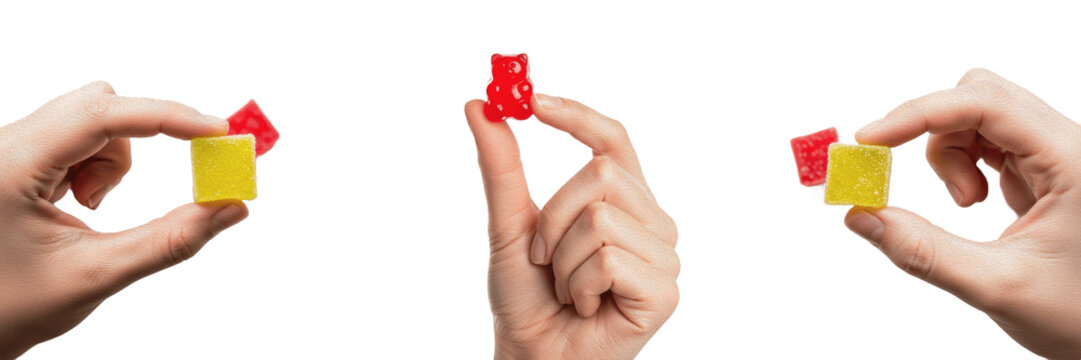 Hands holding colorful gummy bear and jelly fruit candies isolated on white background set.