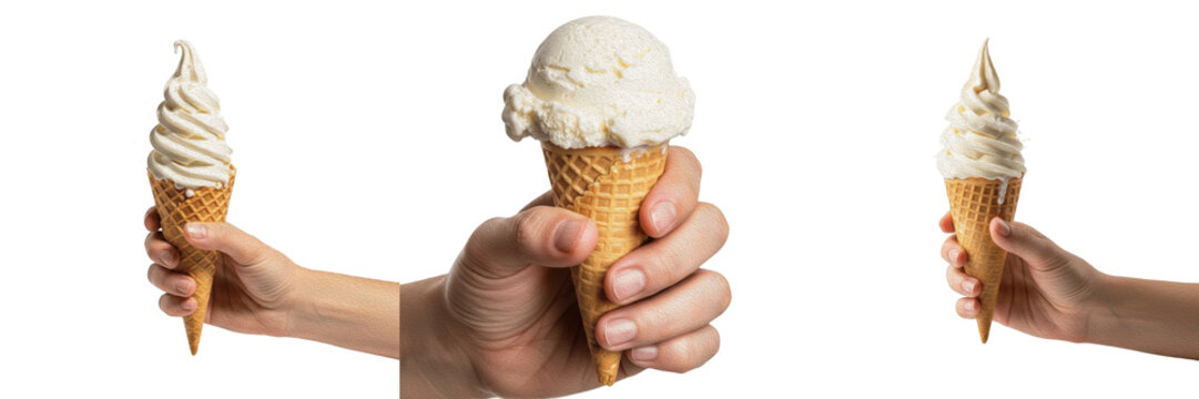 Set of three hands holding vanilla soft serve and scoop ice cream in waffle cones isolated on white background