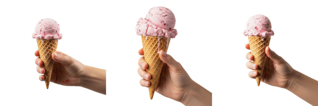 Set of three hands holding pink strawberry ice cream scoops in waffle cones isolated on white background