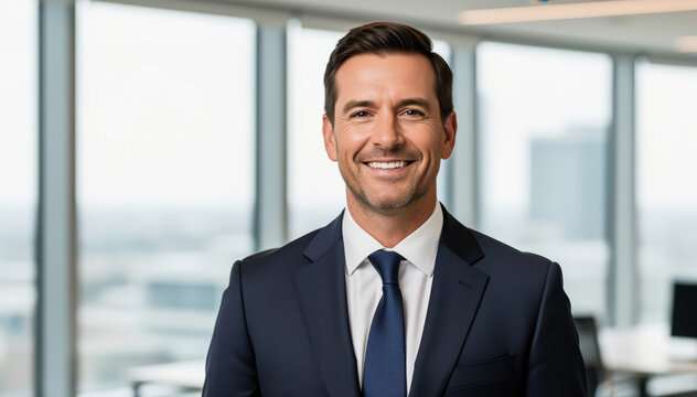 Confident Business Portrait: A distinguished man in a suit exudes confidence in a professional setting, against the backdrop of an urban landscape, ready to conquer any challenge.