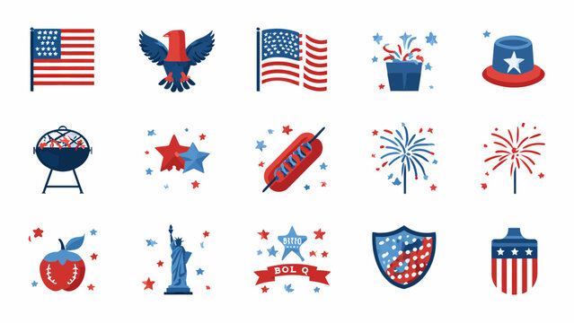 A flat vector illustration of a road trip concept across America with various patriotic icons and symbols.