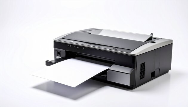 Close up of a modern inkjet printer actively printing a sheet of paper on a clean white background showcasing everyday office document printing technology