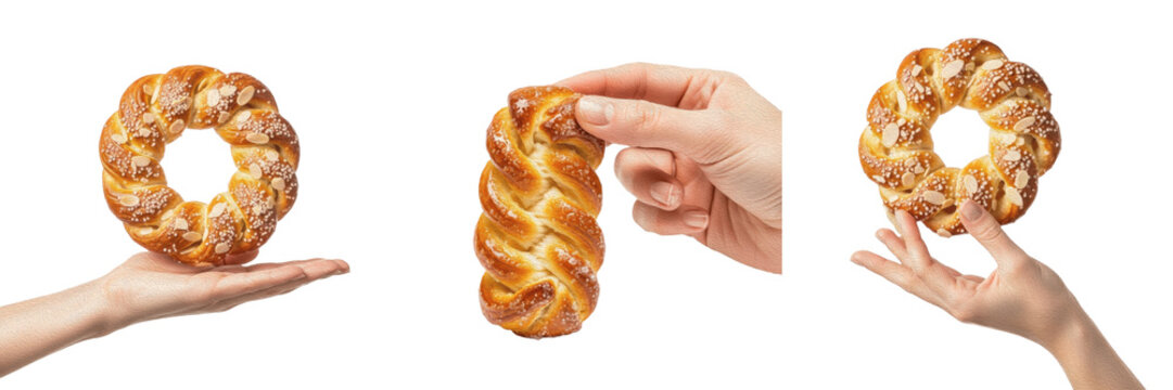 Hand holding braided sweet bread and round pastry ring isolated on white background