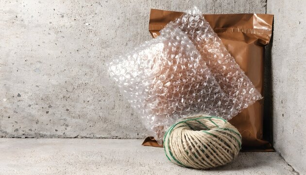 Industrial Packing Materials with Bubble Wrap, Mailing Bag, and Twine Against Concrete Wall