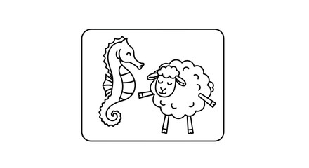 Fototapeta premium A cute black outline drawing of a friendly seahorse and a fluffy sheep interacting happily