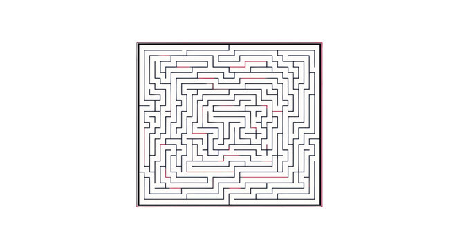 Complex Maze Puzzle with Red Solution Path on White Background
