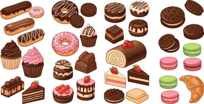 Assorted bakery desserts collection with donuts cakes cupcakes macarons chocolate pastries and cookies in flat vector style, sweet food icons isolated on white background