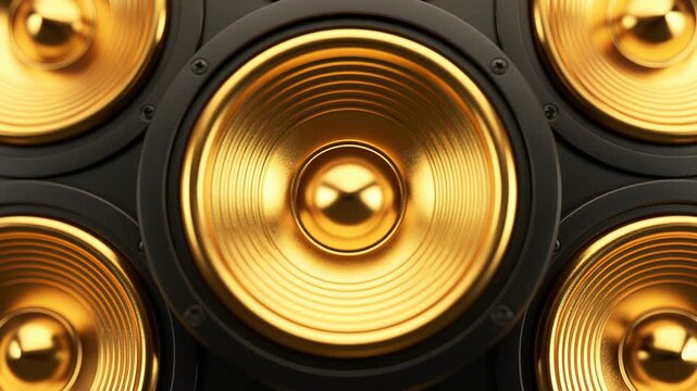 Close up of modern golden speaker cones in black casing for high quality sound and audio system