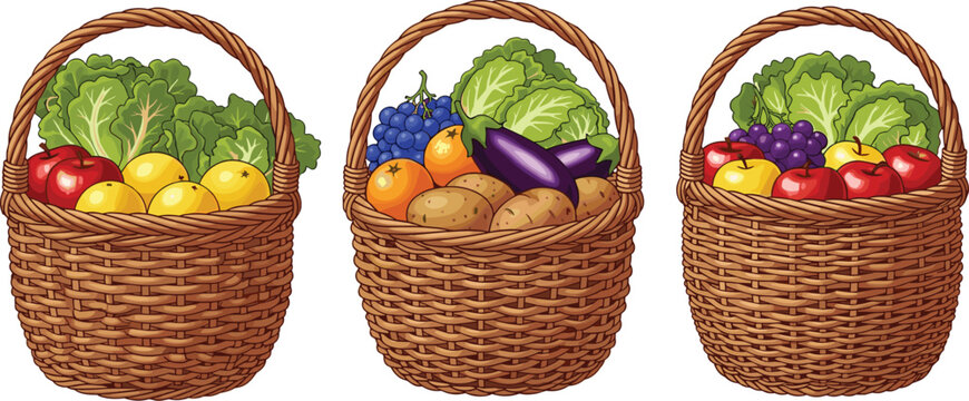 Wicker baskets with mixed fruits and vegetables including apples grapes potatoes eggplant and lettuce in flat vector style, fresh farm produce illustration isolated