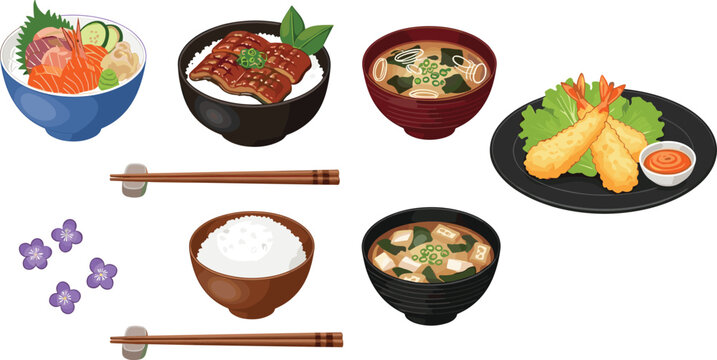 Japanese cuisine set with sushi ramen rice tempura and traditional dishes in flat vector style, Asian food collection isolated on white background for menu design