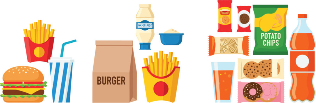 Fast food set with burger fries soda chips donuts and snacks in flat vector style, junk food collection isolated on white background for menu design