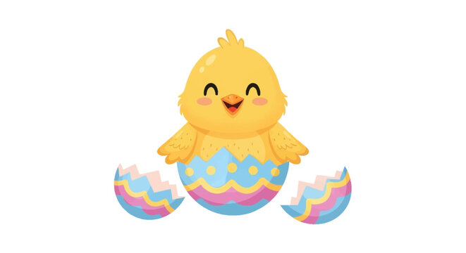 A cute yellow chick hatches from a colorful eggshell, conveying a joyful Easter celebration for kids and nursery products with a cheerful cartoon character