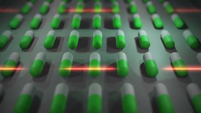 Green and White Drug Pills or Capsules being Produced in Lab