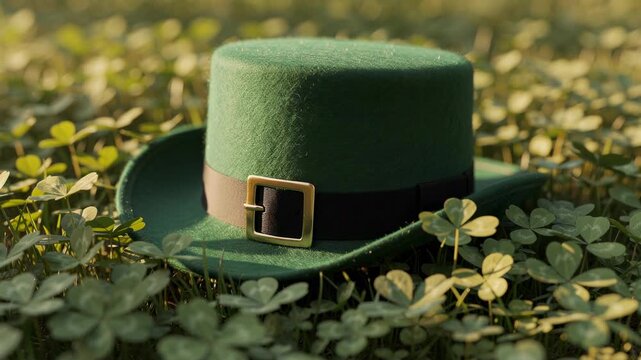 Green leprechaun hat with gold buckle resting on clover field in soft sunlight for St Patrick celebration