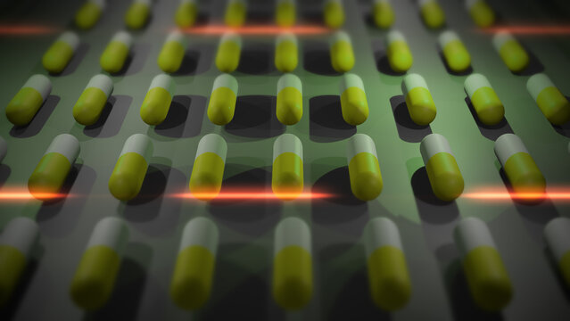 Yellow and White Drug Pills or Capsules being Produced in Lab