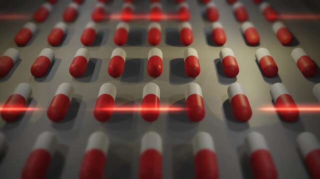 Red and White Drug Pills or Capsules being Produced in Lab