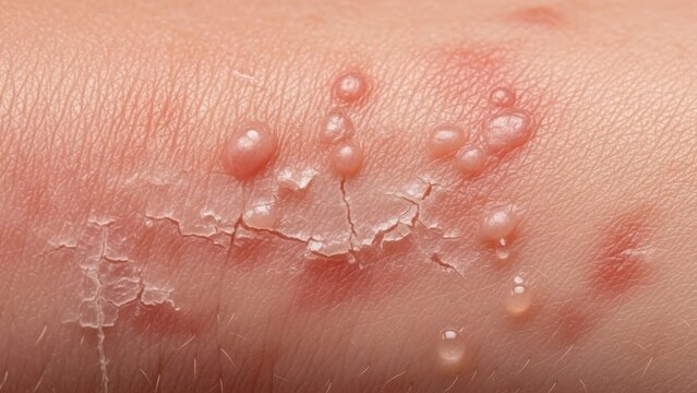 A close-up of skin with a rash and blisters illustration