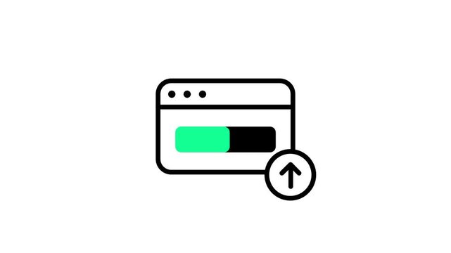 A browser window icon shows a green progress bar and a small upward arrow, symbolizing a software upload or a data transfer process being completed