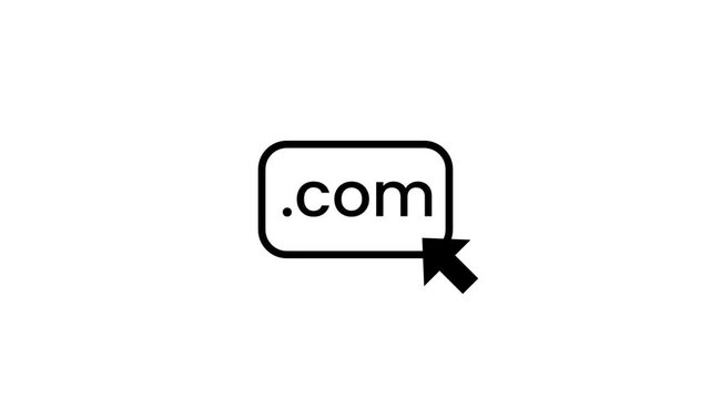 A web domain icon displays the dot com extension inside a rounded box with a black cursor clicking it, representing a website link or navigation