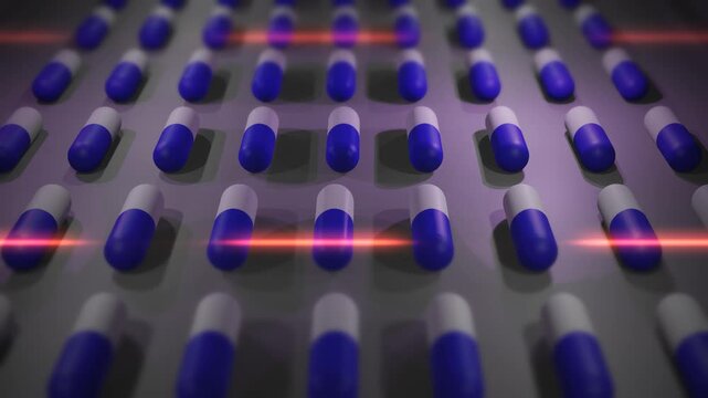 Blue and White Drug Pills or Capsules being Produced in Lab