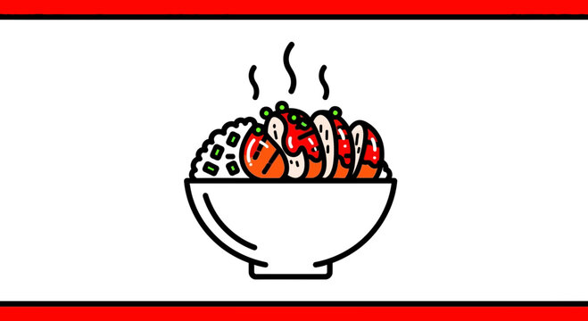 Stylized graphic depiction of a warm, comforting rice dish with rich, savory elements and steaming