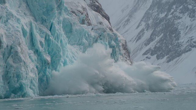 Massive glacier calving event sending towering wall of icy water surging forward, crashing into ocean waters.