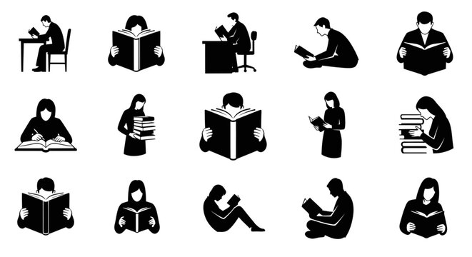 Silhouette Collection: People Reading Books, Studying, Learning, Gaining Knowledge
