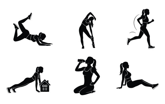Black silhouette fitness icons, women exercising, yoga poses, running, workout graphics, six illustrations