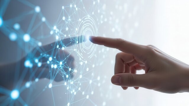 A hand is touching a digital network with a finger illustration
