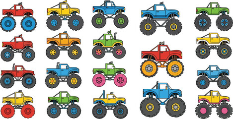 Colorful monster trucks collection in cartoon flat vector style, big wheel off-road vehicles set isolated on white background for kids design and transport themes © MstGulzan