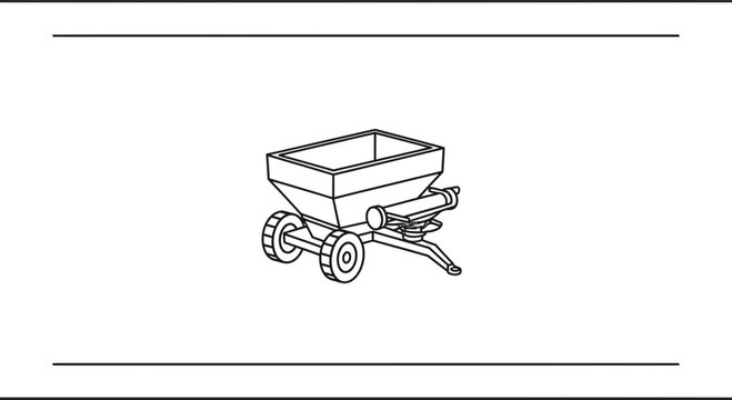 Detailed isometric line art illustration of a wheeled farm implement for material distribution